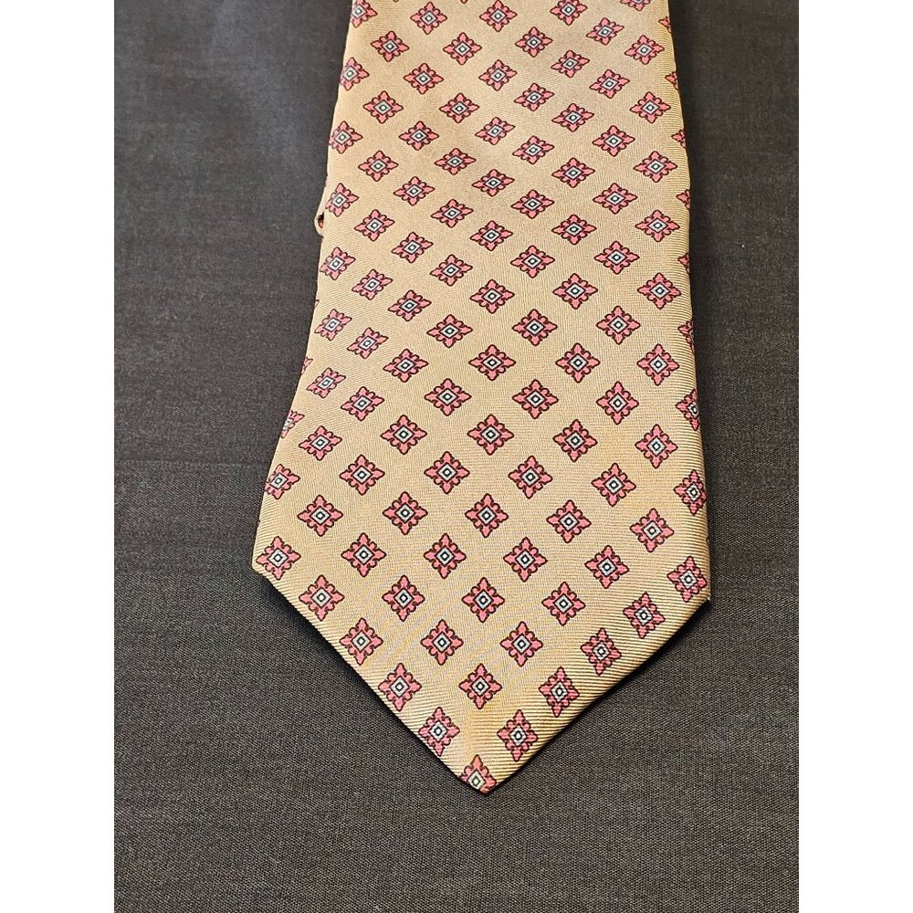 Vintage Arnie Men's Silk Tie With Geometric Pattern In Tan & Red - Picture 8 of 9